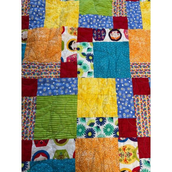 Handmade Baby Quilt Vibrant Colors Excellent condition Block Lime Green Red Blue - Picture 5 of 9